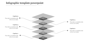 Layered 3D business infographic with five numbered gray blocks, arranged in ascending order, with callouts on both sides.
