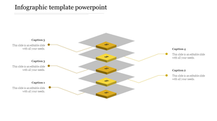 Layered 3D business infographic with five numbered golden blocks, arranged in ascending order, with callouts on both sides.