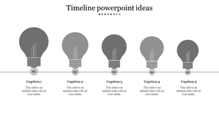 Horizontal timeline with five gray lightbulb icons, each labeled with a number and a caption below.