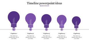 Timeline with five evenly spaced purple lightbulb icons, numbered from 01 to 05, with captions underneath.