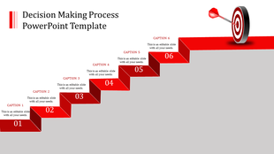 Decision making process PowerPoint template with six steps represented by red, angled sections leading to a target symbol.