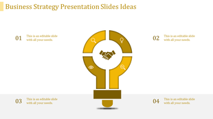 Business strategy infographic with a yellow bulb divided into four parts and a central handshake graphic.