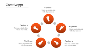 Creative PowerPoint slide featuring five orange circular icons with footprints, connected by arrows, for a sequential flow.