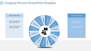 Circular infographic with 16 blue segments surround a central icon, and two labeled boxes on either side.