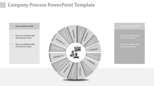Company process PowerPoint template with a 16 segment wheel and captions.