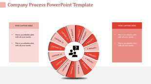 Circular infographic with 16 red segments surround a central icon, and two labeled boxes on either side.
