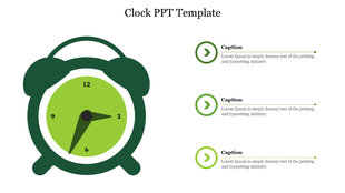 Clock illustration in green with three captions aligned vertically on the right, connected by lines and arrow icons.