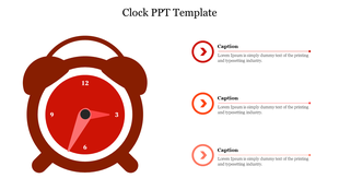 Alarm clock icon in red and brown, paired with captions and arrow icons to the right featuring circular icons and text.