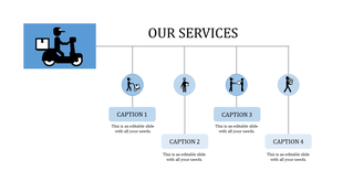 Visual representation of services with a delivery scooter at the top branching into four service icons and caption areas.