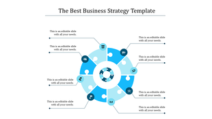 Business strategy slide featuring a circular diagram with interlinked segments, icons, and caption areas.