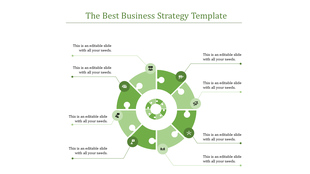 Green business strategy template with circular diagram and captions for various business aspects with captions.