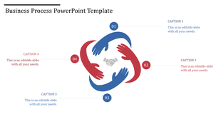 Business process PowerPoint slide with interlocking hands symbolizing collaboration, with four caption areas for text.