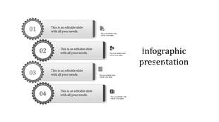 Four-step infographic featuring gray starburst badges, text boxes, and matching icons for each section.