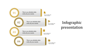 Vertical infographic with four gold circular badges numbered 01 to 04, linked to editable text boxes and icons.