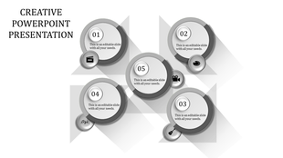 Black and white creative PowerPoint slide with five numbered circular sections, for captions.