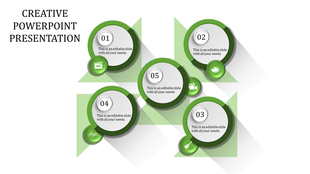 Creative layout with five green rimmed circular shapes, each with icons and captions, arranged in a geometric pattern.