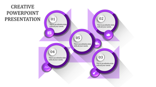Creative layout with five purple rimmed circular shapes, each with icons and captions, arranged in a geometric pattern.