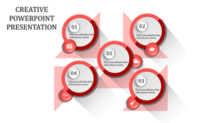 Creative slide design featuring five red circular elements with captions and associated icons, arranged in a dynamic layout.
