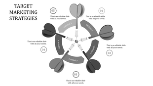 Target marketing strategies infographic with five golden darts pointing to a central target and labeled captions areas.