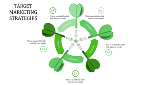 Target marketing strategies infographic with five red darts pointing to a central target and labeled captions areas.