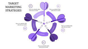 PowerPoint slide featuring five purple darts for target marketing strategies with captions.