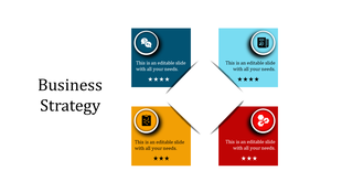 Colorful business strategy layout with four square blocks in blue, yellow, red, and cyan, arranged around a diamond.