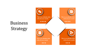Business strategy slide with four orange tiles featuring icons and editable captions, forming a square around a diamond.