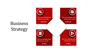 Red business strategy template with four blocks, each featuring an icon and text areas.