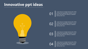 Innovative PowerPoint slide featuring a light bulb icon with four numbered steps, each accompanied by text.