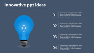 Innovative ideas slide layout featuring a blue lightbulb icon on a dark blue background with four text areas to the right.