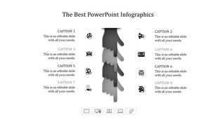 Black and white infographic slide with icons representing various work themes with captions.