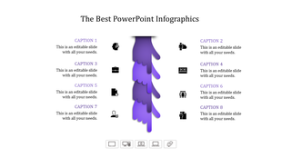 Central purple layered vertical design with eight black icons and captions arranged symmetrically on both sides.