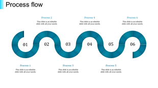 Step by step curved process diagram with six blue sections, each labeled numerically placed in a white backdrop.