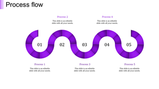 Wavy purple segmented ribbon with five numbered sections, each aligned with descriptive text on a white background.
