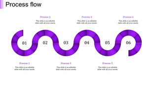 Process flow slide with six purple steps, each representing different stages, and labeled Process 1 to 6 with text area.