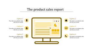Product sales report PPT slide featuring a computer screen with yellow accents, displaying data, charts, and category icons.