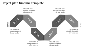 Gray project timeline template, featuring years from 2014 to 2019, with text sections.