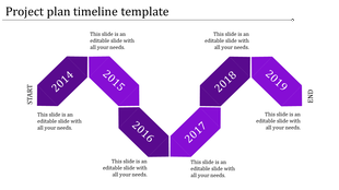 Project timeline template with a purple design, showing each year's step from 2014 to 2019 with placeholder text.