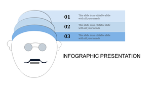 Creative infographic featuring a mustached face with stacked blue layers resembling a hat, alongside numbered sections.