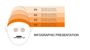 Illustrated face with orange layered hat paired with four horizontal bars arranged vertically on a white background.
