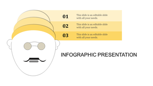 Infographic slide with three yellow caption blocks labeled 01 to 03 and a figure wearing glasses and a mustache.