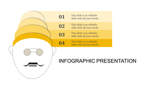Infographic PowerPoint slide with a character and four numbered sections in yellow shades.