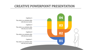 PowerPoint slide for creative presentations featuring a colorful cactus and four numbered sections with captions.