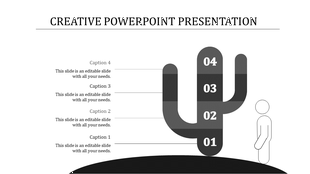 PowerPoint slide with a cactus diagram, representing a creative process with numbered sections in shades of gray.
