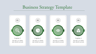 Business strategy template with four rectangular panels, each containing a dark green icon and step numbers from 01 to 04.