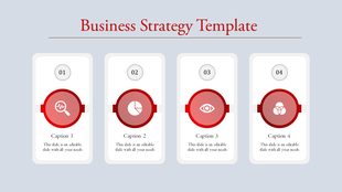 Business strategy PowerPoint slide with four steps, each featuring icons and captions, in red and white theme.