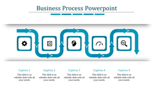 Business process infographic with a curved blue arrow path connecting five square icons, each representing a step.