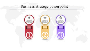 Business strategy PPT slide featuring three color coded sections with icons for goals, analysis, and time management.