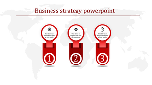 Red-themed three-step business strategy infographic featuring icons for goal, vision, and time on a subtle global map.