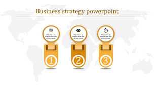 Minimalist three-step strategy template in gold, each step labeled with an icon and number on a world map.